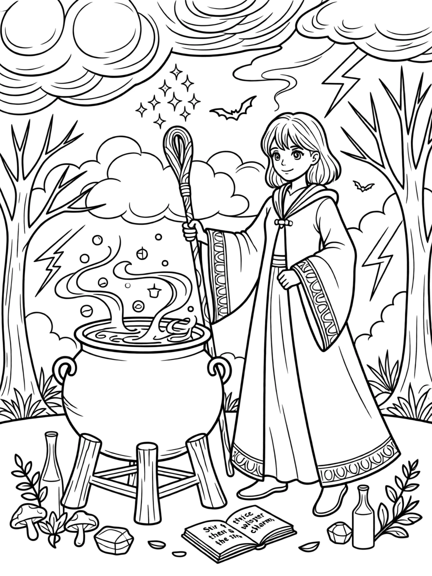 A witch stirring a bubbling cauldron, with a storm gathering ominously overhead.