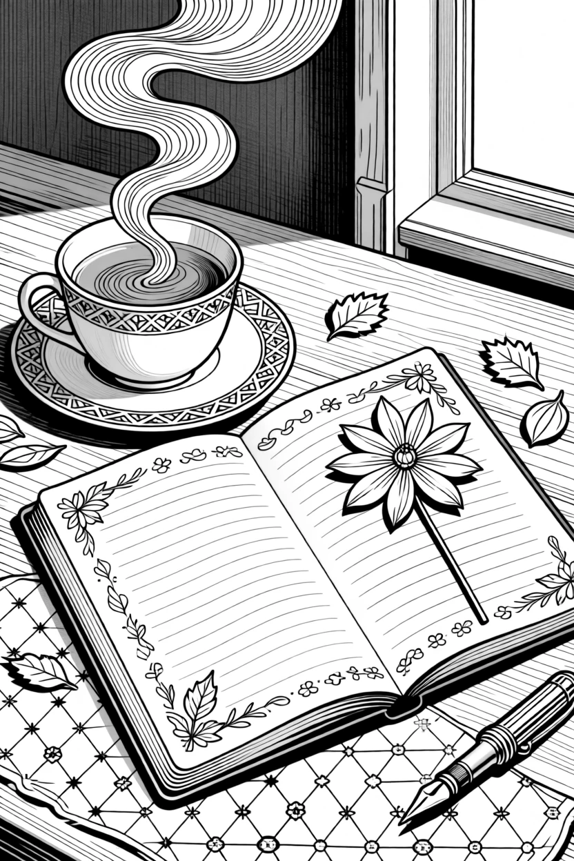 A cup of herbal tea steaming beside an open journal and a pressed flower.