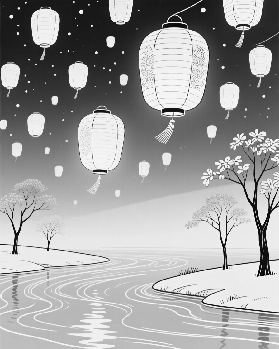 A lantern festival lighting up a night sky over a river