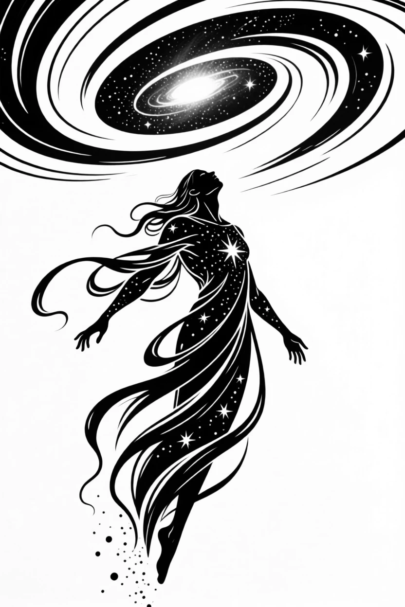 A celestial being made of stardust descending from a swirling galaxy.