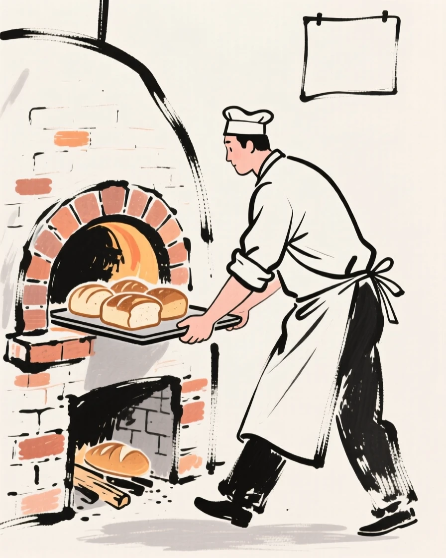 A baker pulling a tray of fresh bread from a brick oven.