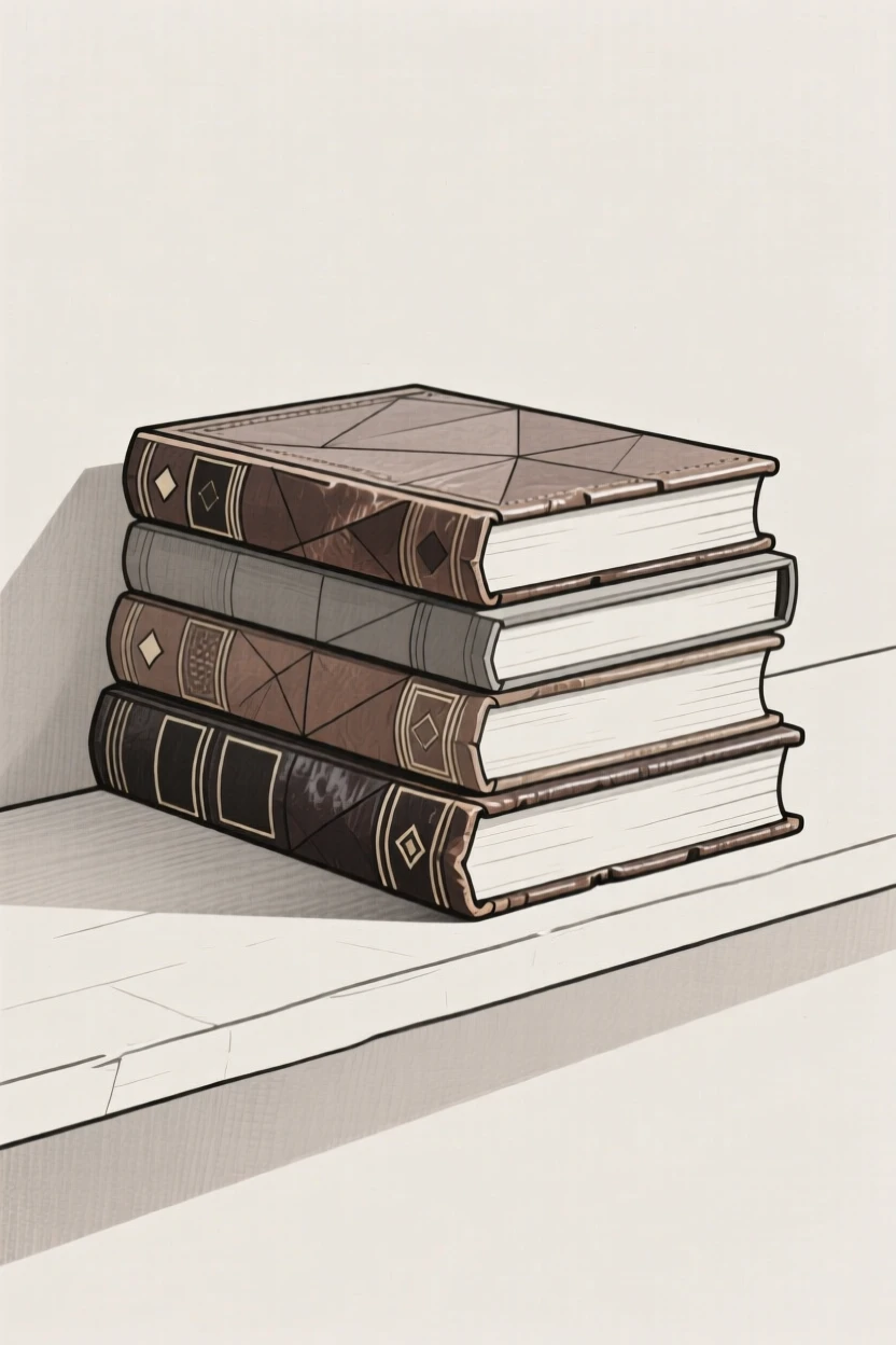 A stack of old leather-bound books on a shelf