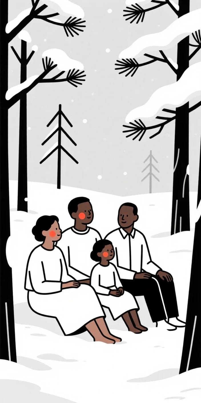 Four generations of one family of Kenyan heritage, resting in calm stillness, in a snow-covered pine forest.