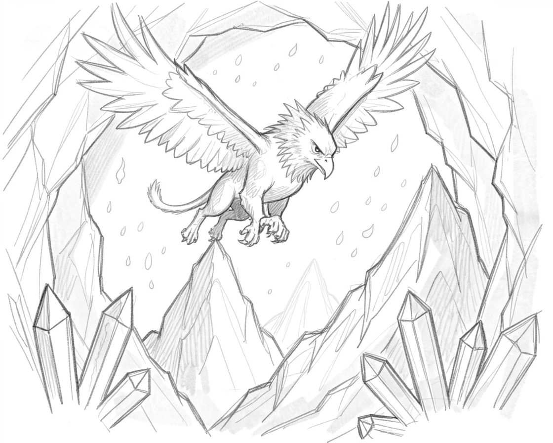 A magical, imaginative vision of a griffin soaring over jagged mountain peaks inside a cavern lit by crystal formations, with embers drifting gently upward.