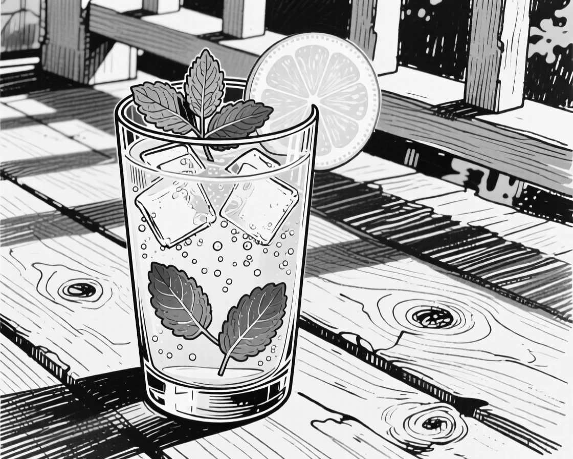 A glass of iced lemonade with mint leaves and a slice of lemon on a summer porch.