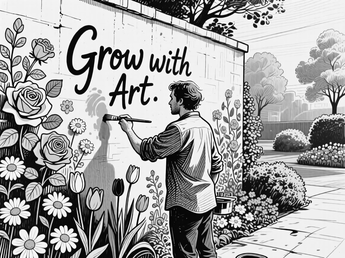 A street artist painting a mural in a garden filled with blooming flowers, with soft light illuminating their faces, creating a warm and heartfelt lifestyle scene.