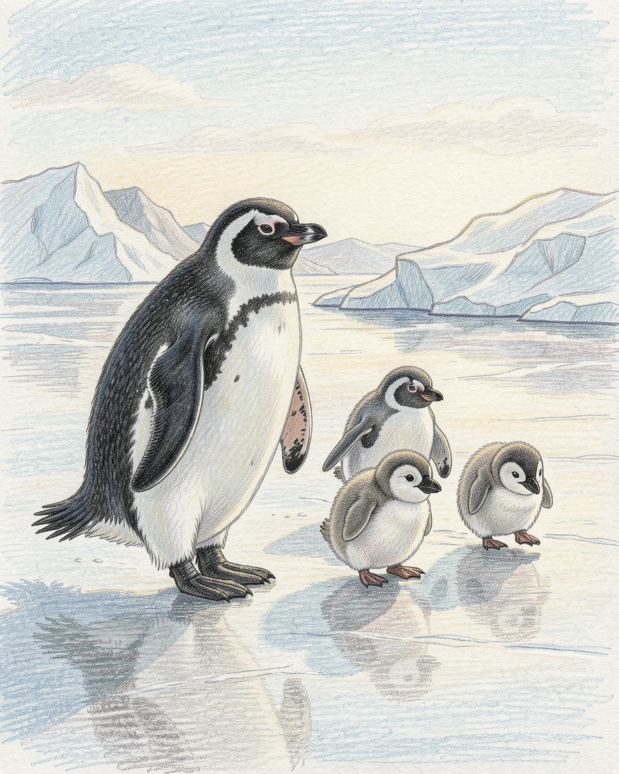 A family of penguins waddling across a sunlit icy shore, with delicate details that reward a closer look, capturing a quiet story that lingers with the viewer.