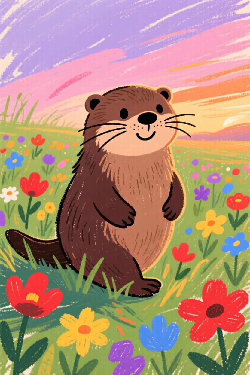 A river otter wandering through a field of wildflowers at dusk.