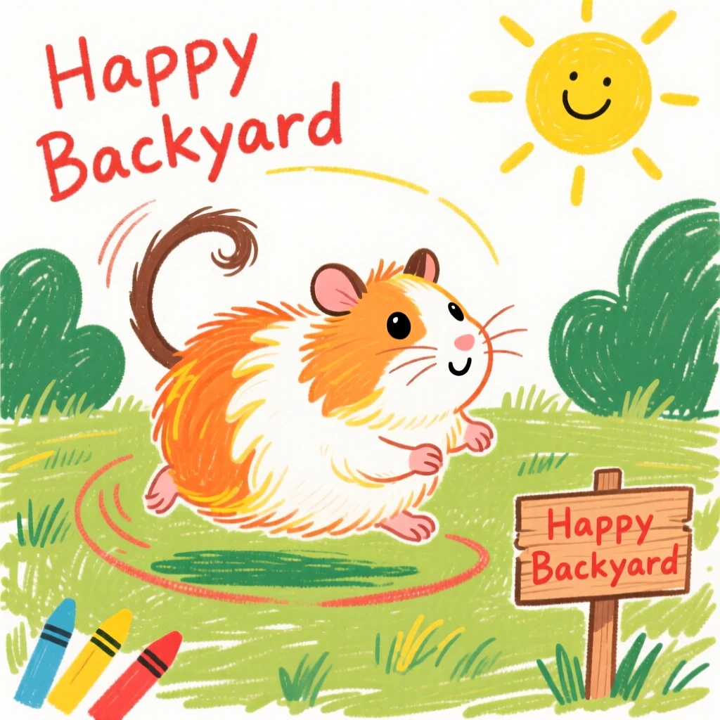 A fluffy guinea pig chasing its tail in a sunny backyard.
