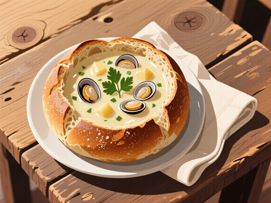 A bowl of fresh clam chowder served in a bread bowl, arranged on a rustic farmhouse table, composed with a rustic, homemade charm, with glossy highlights that make the dish look freshly made.