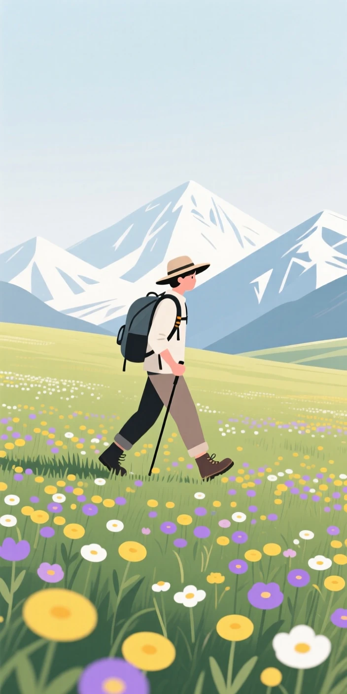 A hiker crossing a wildflower meadow with distant snow-capped peaks.