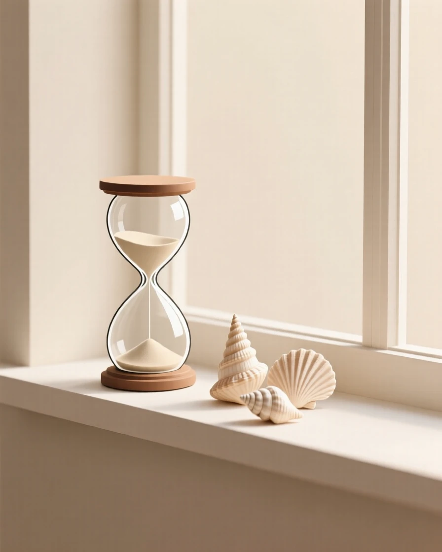 A hourglass resting on a windowsill in soft light, surrounded by a handful of seashells, evoking vintage warmth.