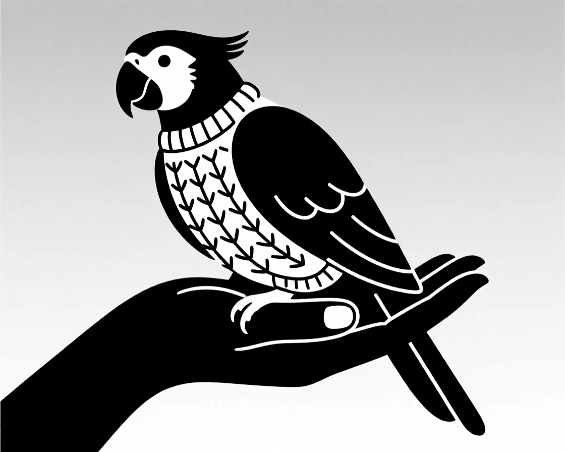 A parrot perched on a hand wearing a tiny knitted sweater.