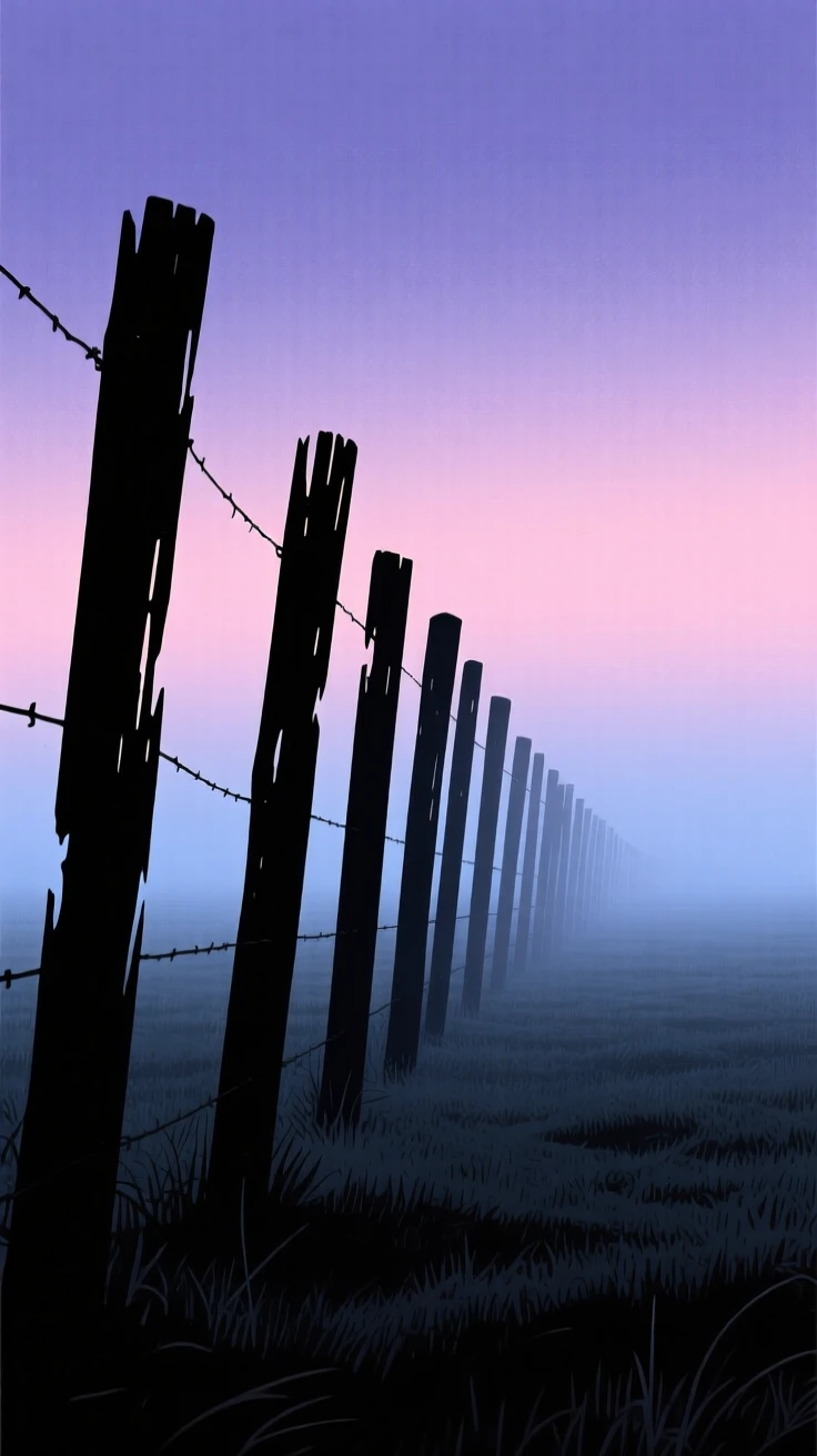 A row of weathered fence posts disappearing into a foggy field.