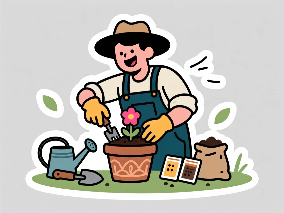 A beaming with excitement gardener planting flowers in a pot, surrounded by their favorite gear, outdoors surrounded by fresh air.
