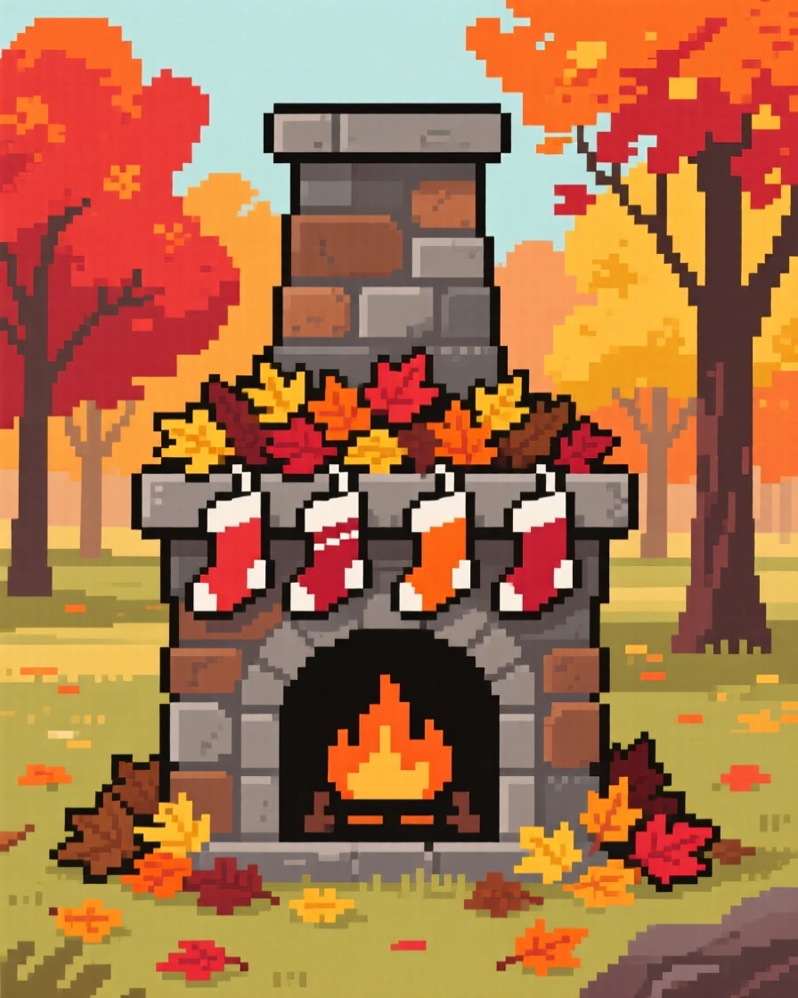 A fireplace stocked with stockings piled high with autumn leaves, in a park during peak autumn color.
