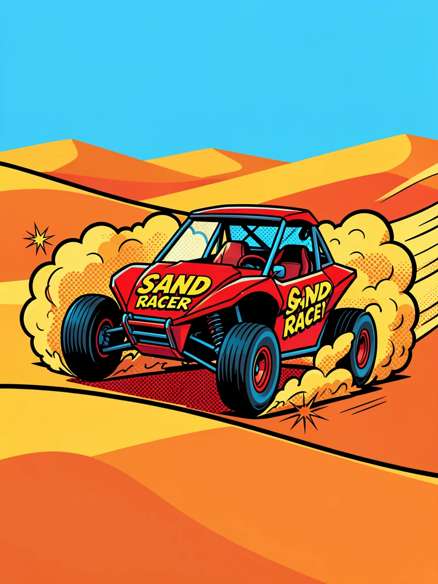 A dune buggy kicking up sand across desert dunes