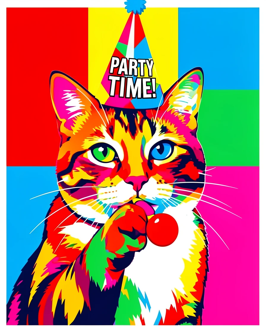 Cat wearing a party hat blowing a noisemaker