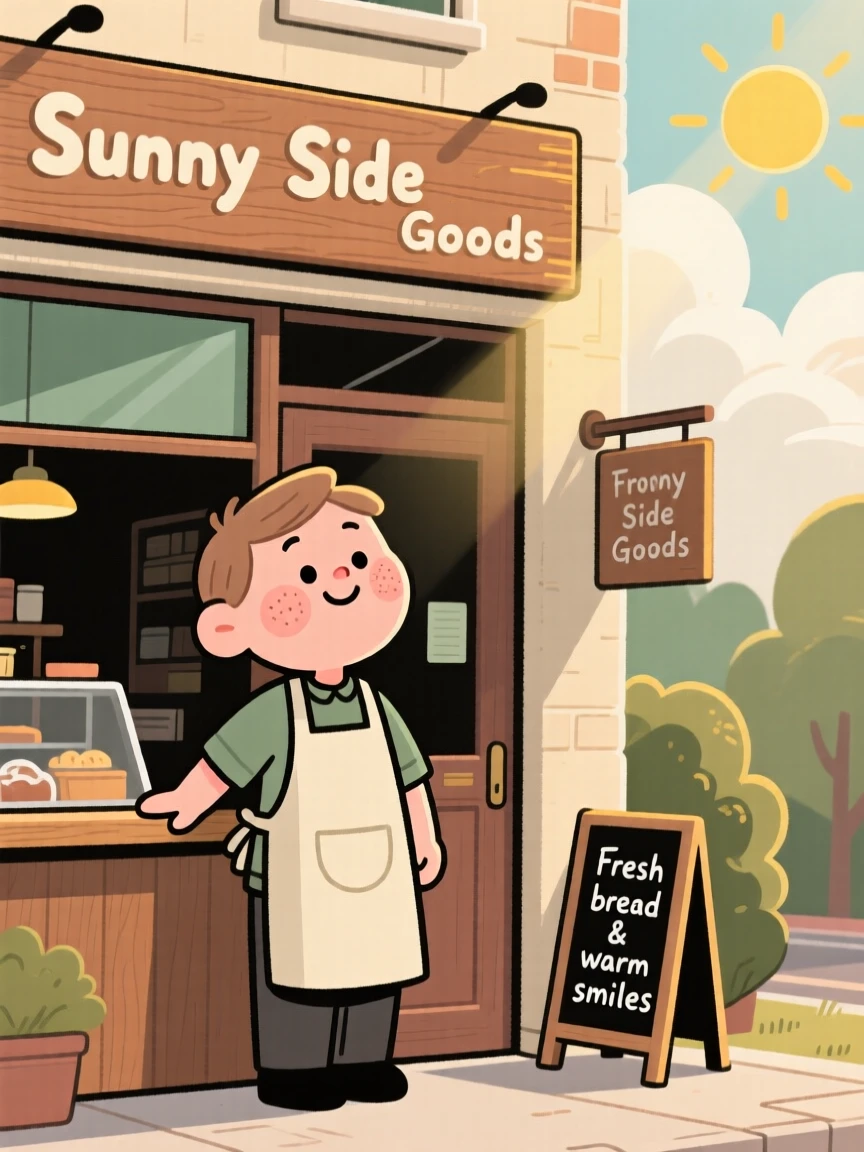 A busy shopkeeper pauses mid-morning errands to watch the sun breaking through the clouds, a small smile crossing their face at the simple beauty of it.