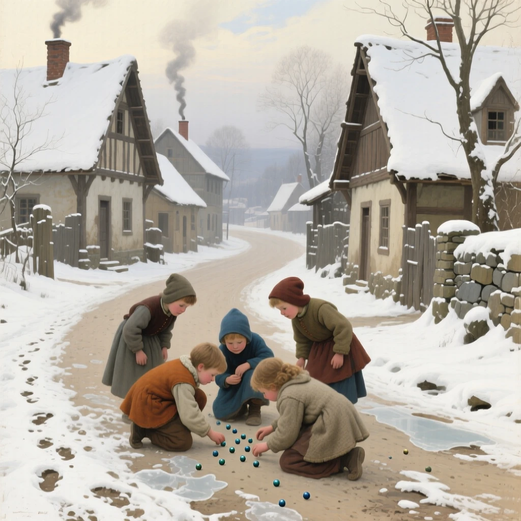 A sweeping wide shot of children playing marbles on a dusty village street, under a fresh blanket of winter snow, in medieval times.