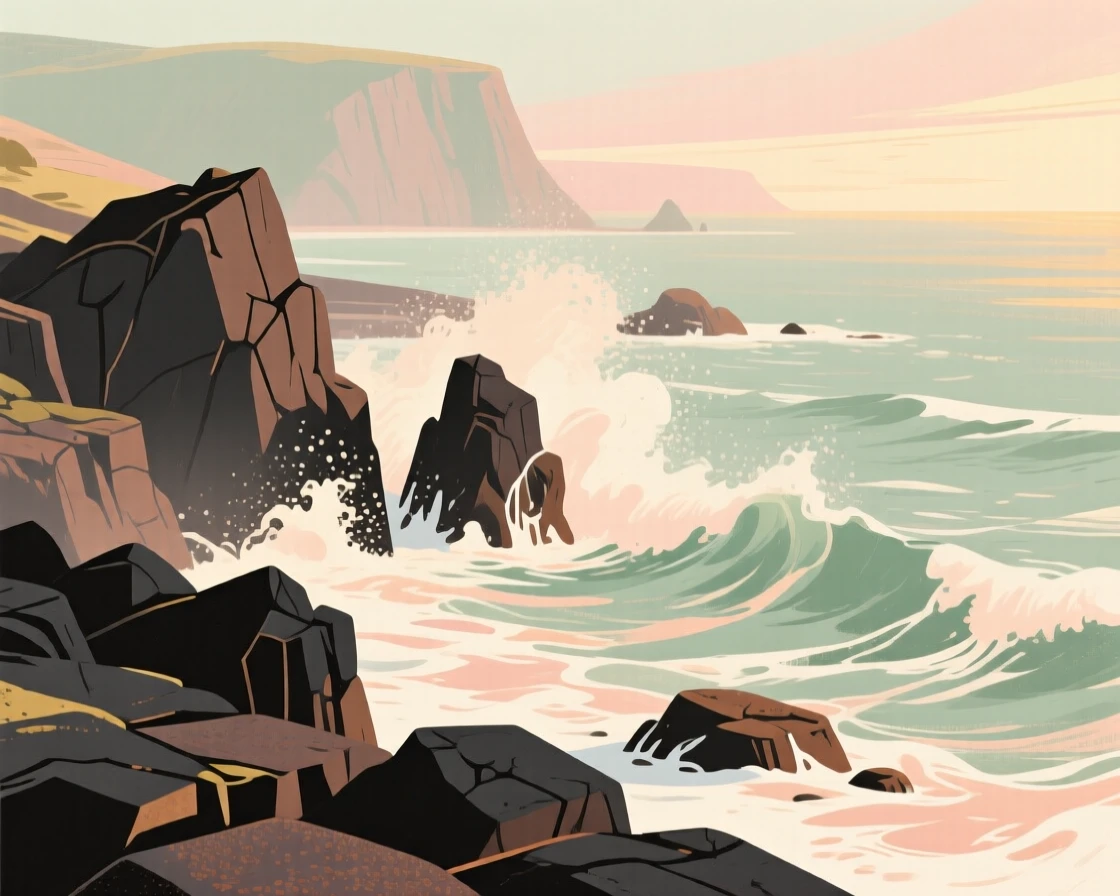 A rugged coastline where waves crash against black lava rock