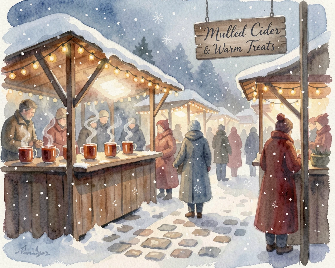 A winter market with twinkling lights and mulled cider with soft snow gently falling.