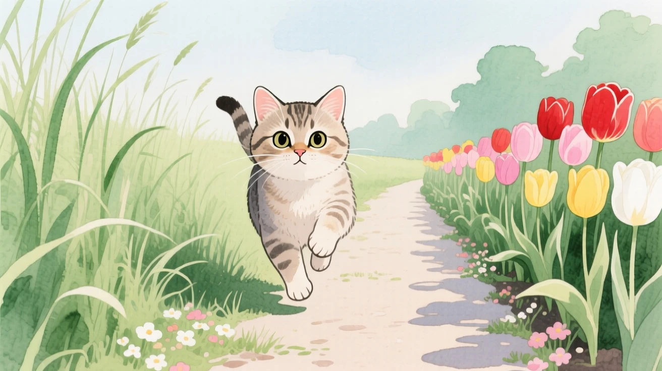 A Scottish fold kitten hops through tall grass in a blooming garden path, beside a row of blooming tulips