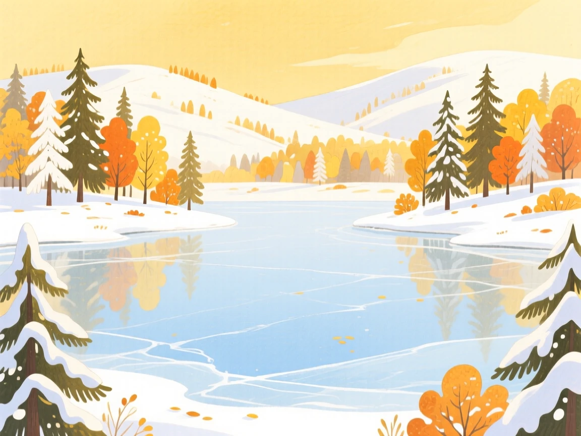 A frozen lake surrounded by snowy pines, peaceful and vast, during golden autumn.