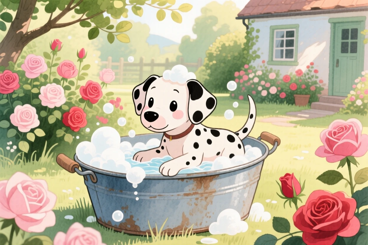 A spotted dalmatian puppy getting a gentle bath in a tin tub full of bubbles, set in a sunny cottage garden overflowing with roses, evoking warmth and gentle affection.