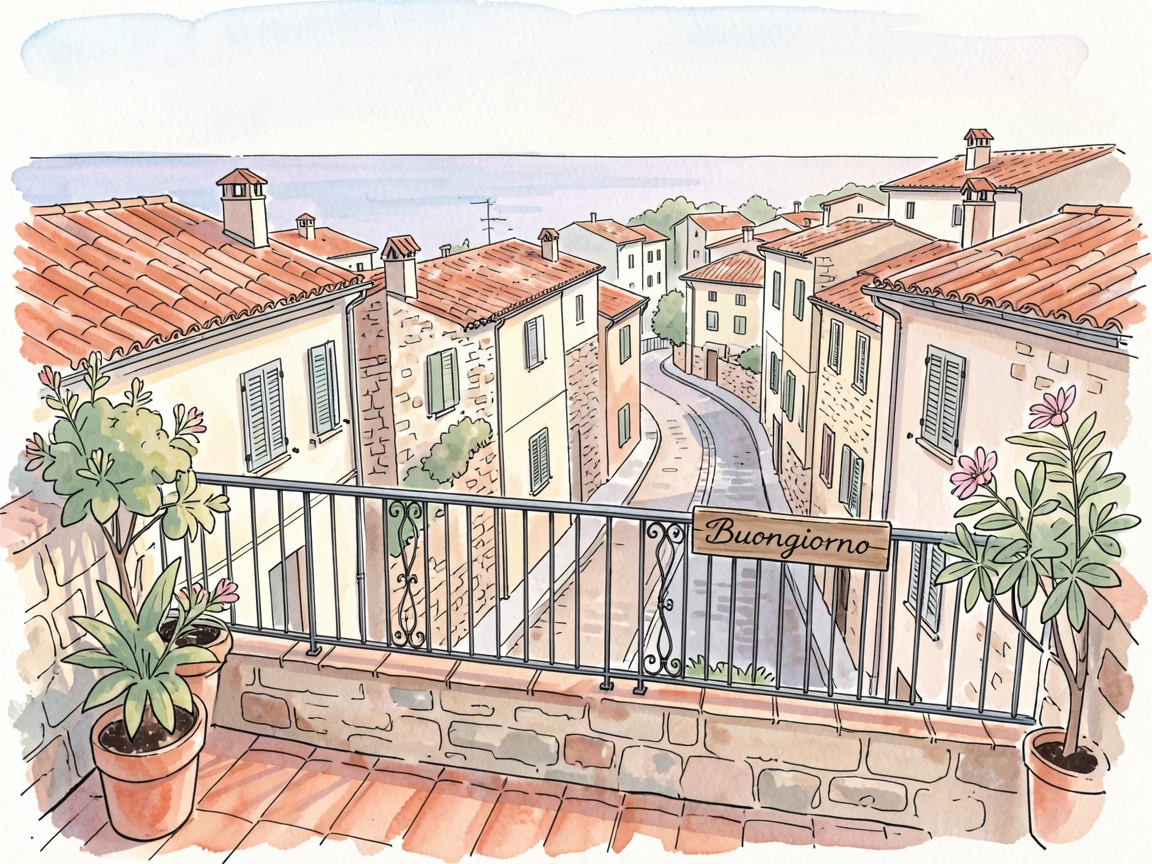 A rooftop terrace overlooking a sprawling Mediterranean coastal town, the streets quiet in the soft light of early morning.
