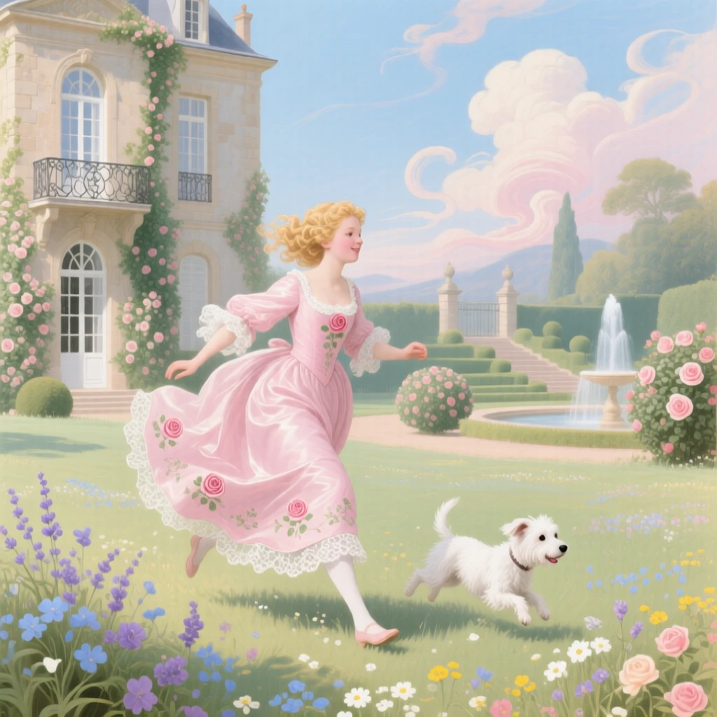 A girl and her dog racing through a meadow beside an estate  