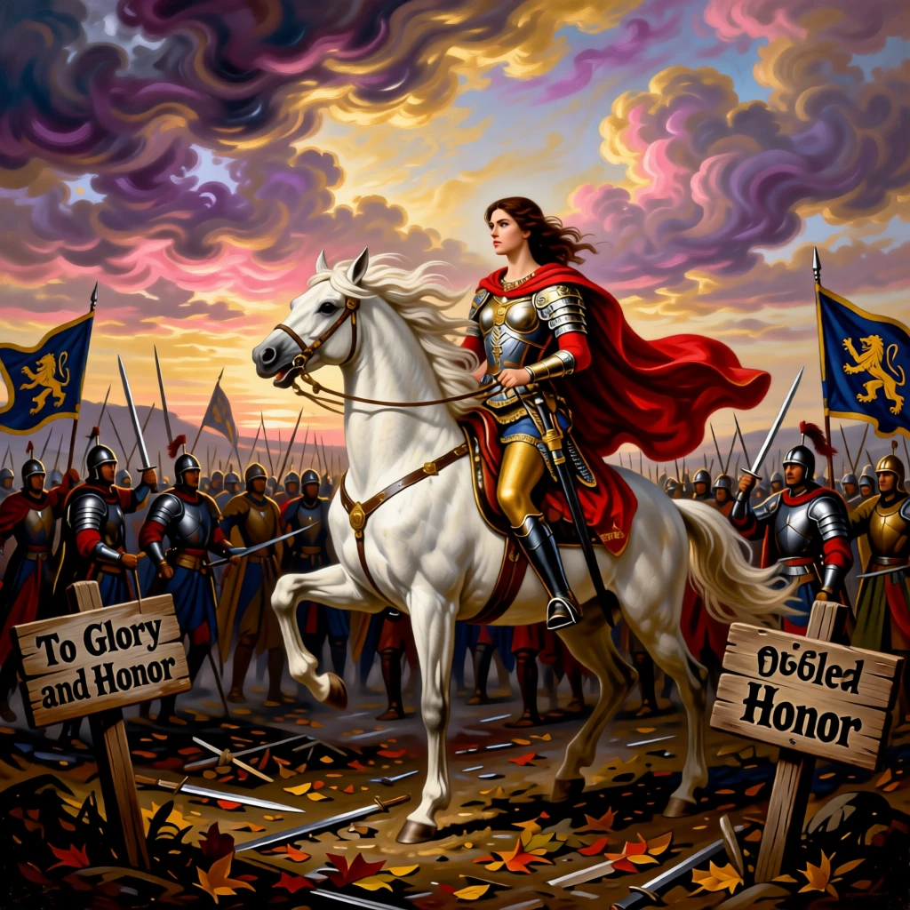 A warrior queen leads her army across a windswept battlefield.