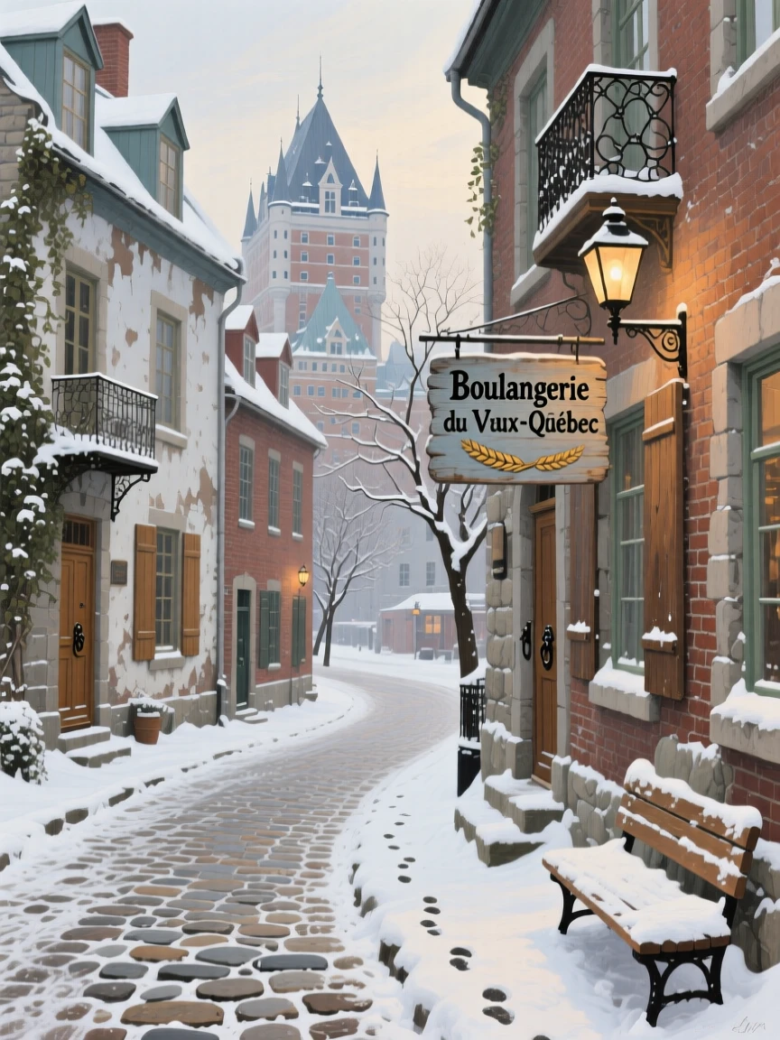 A quiet cobblestone street in old Quebec City dusted with fresh snow, with centuries of history visible in every weathered detail, celebrating the architectural wonder and cultural richness of the location