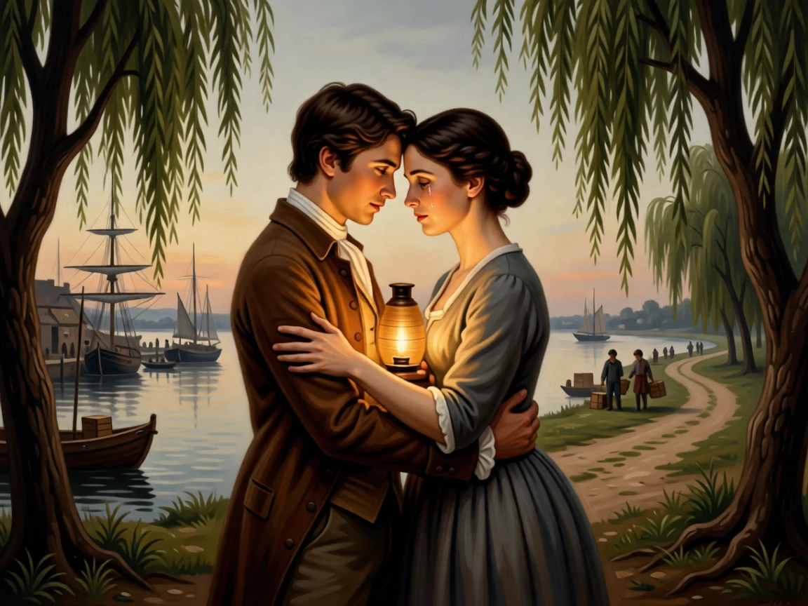 A mother reuniting with her long-lost son at a bustling harbor as the weight of years finally lifts, set beside a quiet riverbank framed by willow trees, with a lantern's glow illuminating the reunion; converging paths in the background lead directly to the embracing pair, capturing love that has endured distance and time.