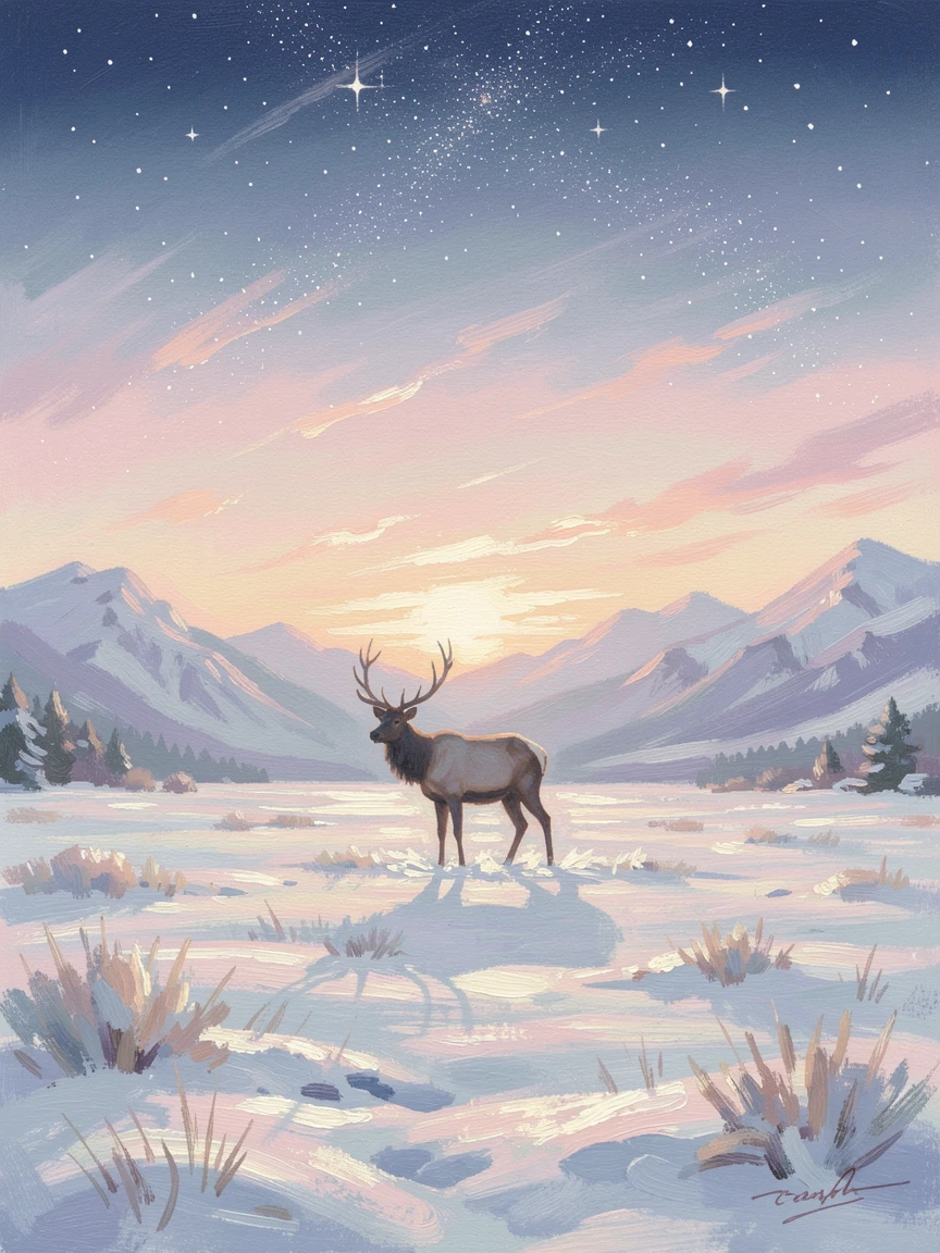 A snowy mountain meadow where a lone elk stands silhouetted against the dawn sky, under a canopy of stars.