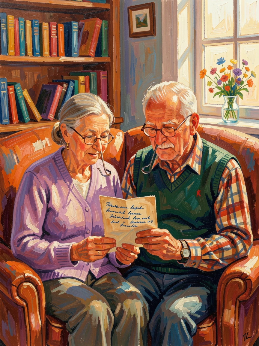 Grandparents reading letters from their grandchildren, glasses perched on the ends of their noses.