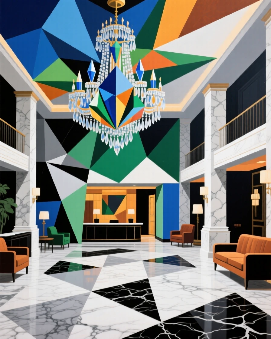 A luxurious hotel lobby with marble floors and an enormous crystal chandelier.