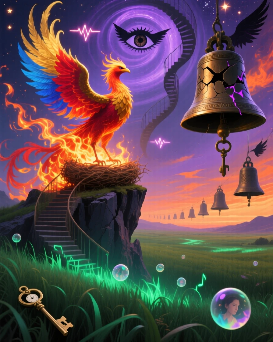 A phoenix rising from a nest of glowing embers atop a cliff moves gracefully through a field of tall glowing grass, while distant bells seem to ring without any wind.
