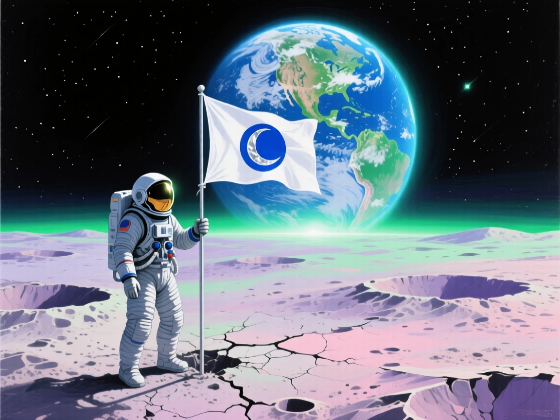 An astronaut plants a flag on a barren lunar surface, Earth rising dramatically over the cratered horizon behind in the black sky, an otherworldly light source casting soft, unnatural color across the surrounding environment.