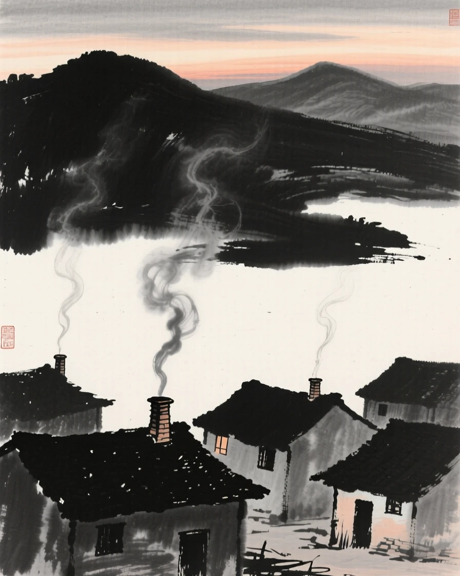 Smoke rises gently from chimneys in a village at dusk, with mountains rising softly in the distance.