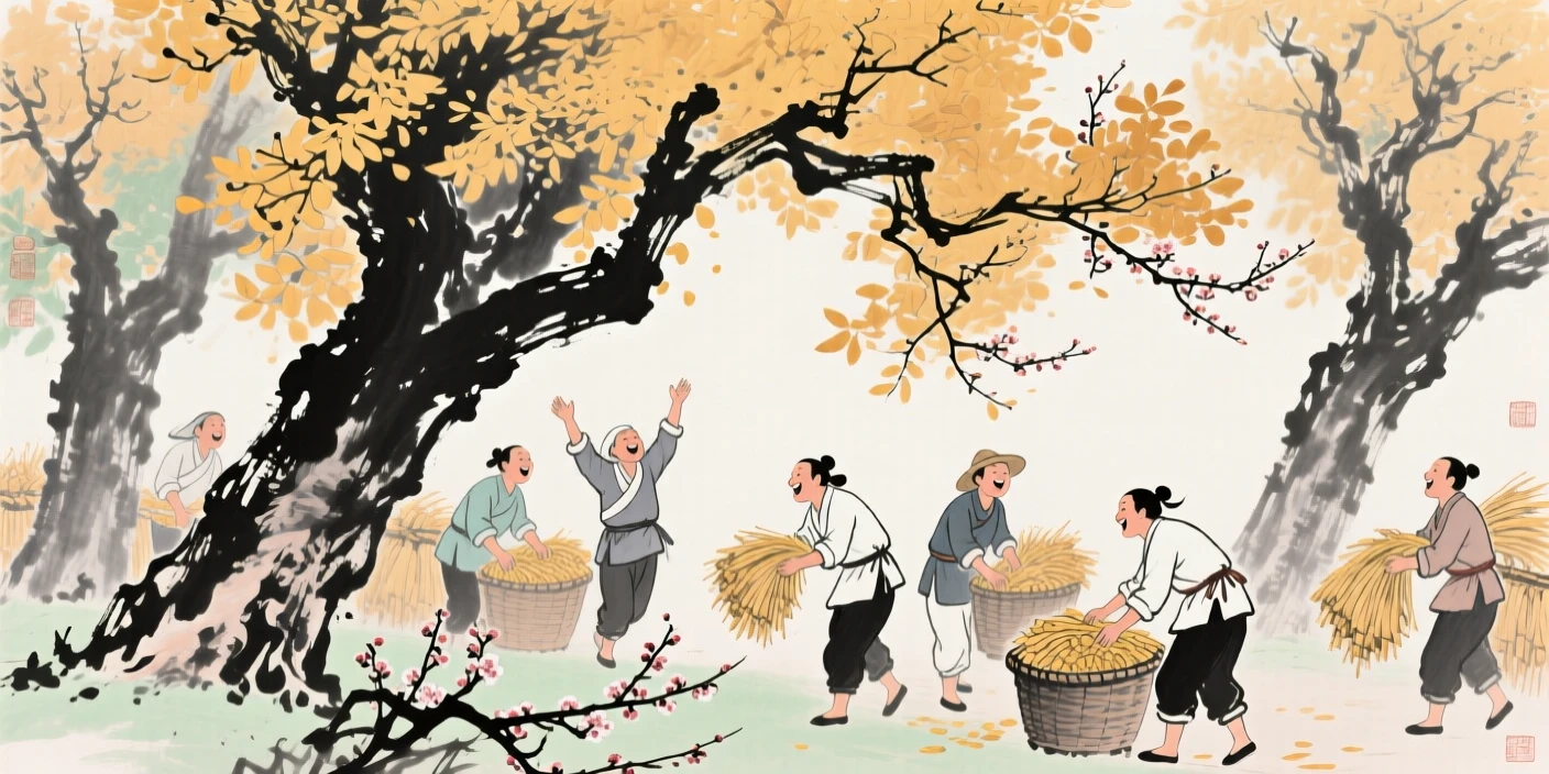 Farmers celebrating a bountiful harvest beneath golden autumn trees, as the last plum blossoms cling to bare branches.