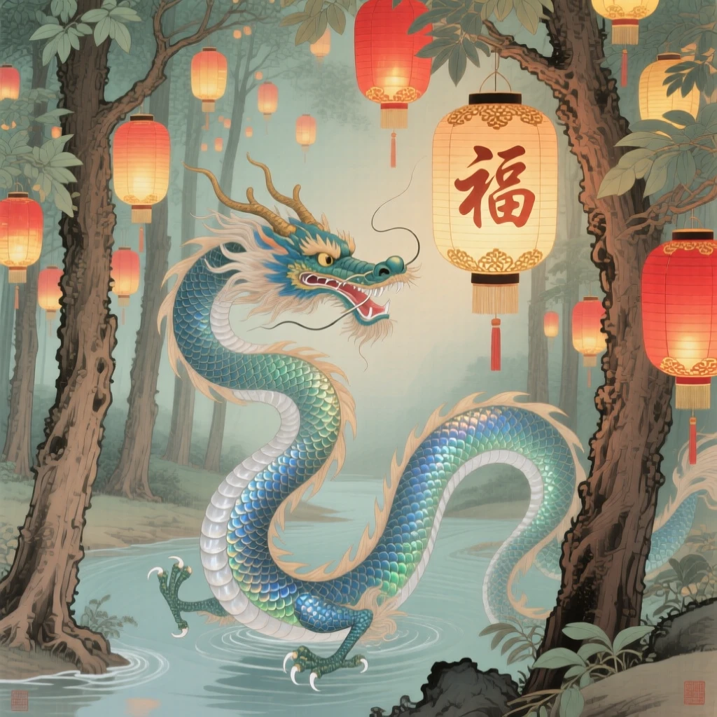 A serpentine water dragon with shimmering scales through a forest of glowing lanterns