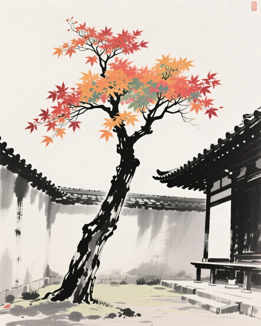 A solitary maple tree in full color in the corner of a secluded temple garden, seen from a low angle looking upward, celebrating the fleeting beauty of the season.