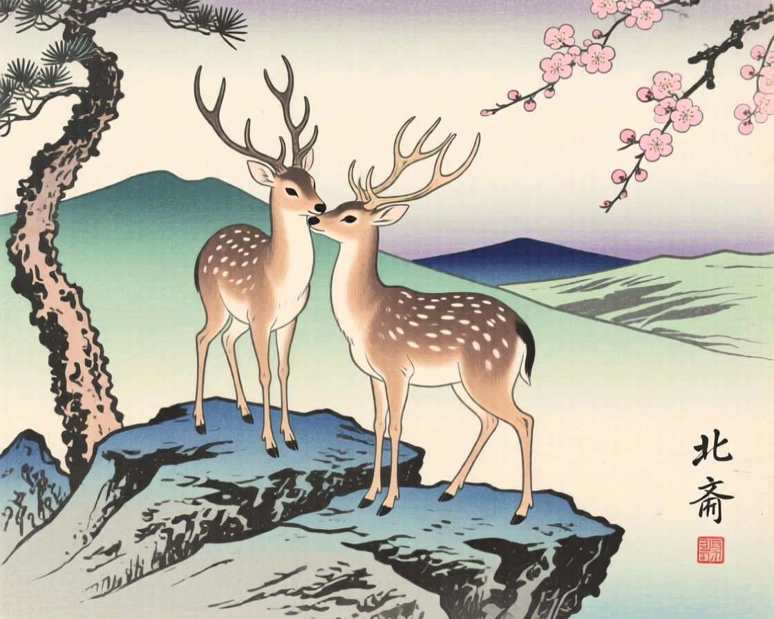 A stag with tall antlers grooming each other on a rocky outcrop.