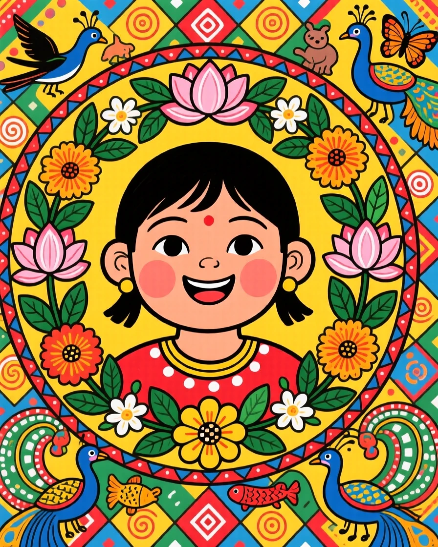 A child's joyful face framed by a garland of fresh flowers.