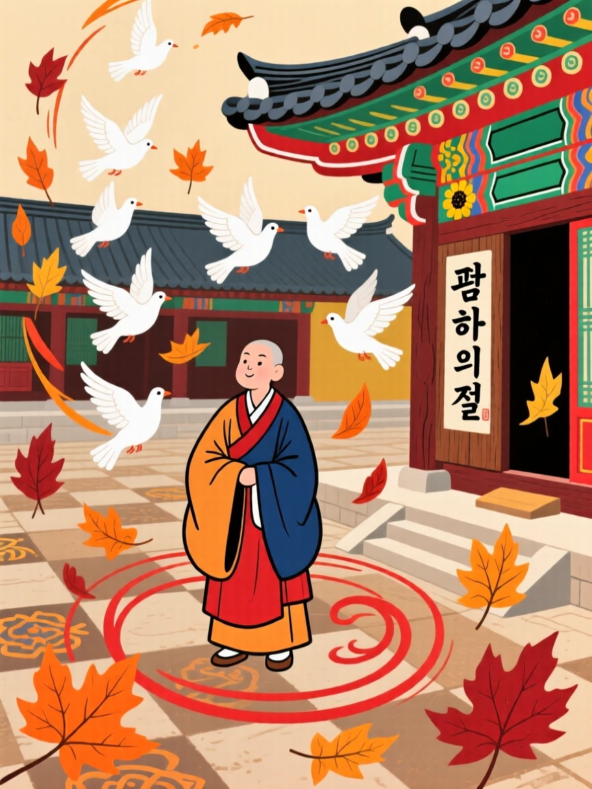 A traveling monk releasing a flock of doves from a temple courtyard, with autumn leaves swirling in the wind.