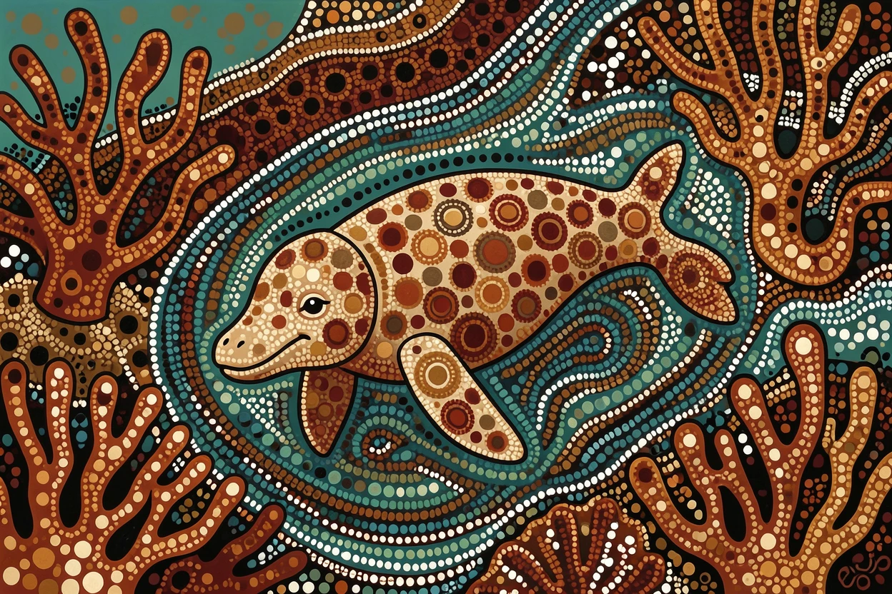 A dugong exploring a vibrant coral landscape