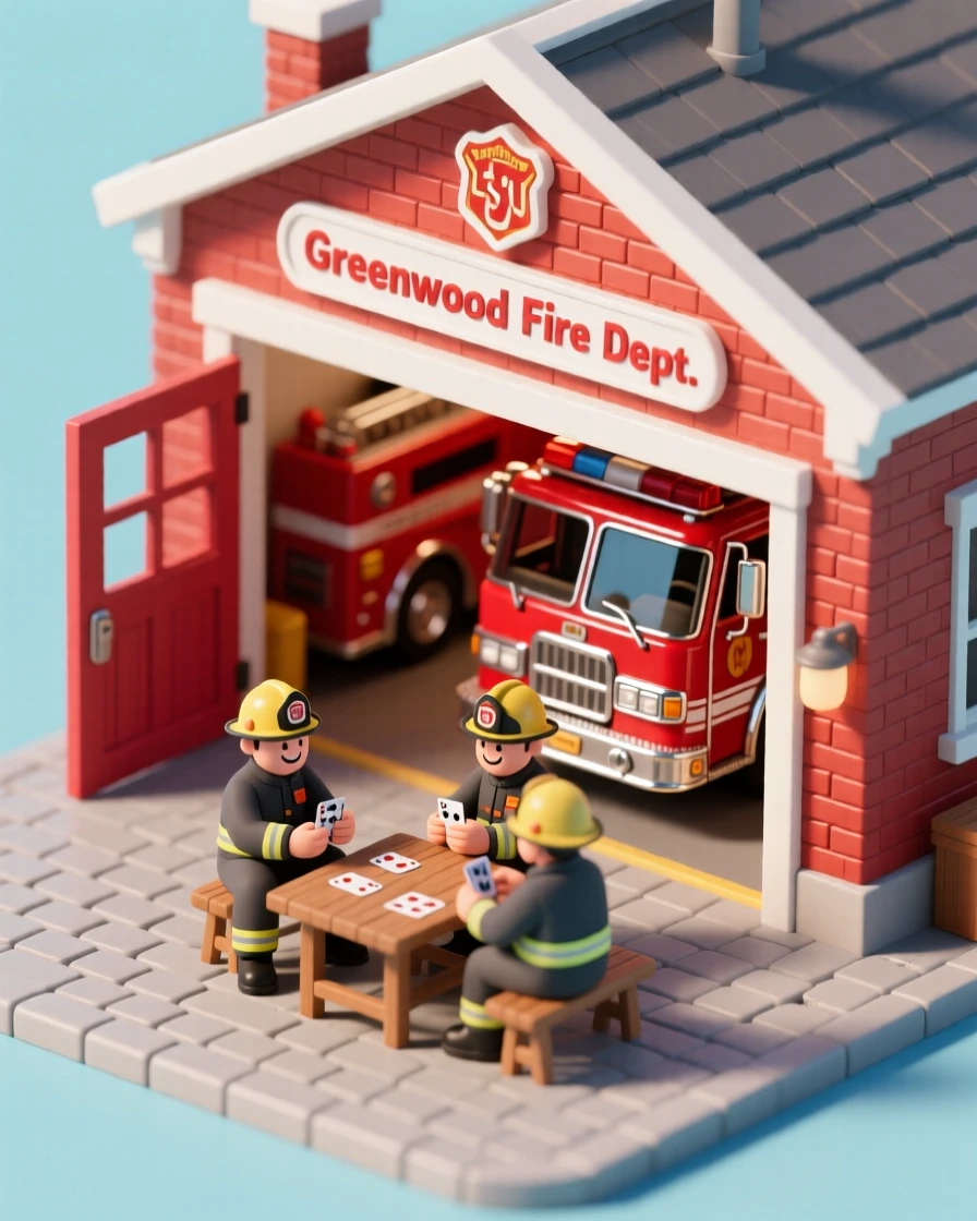 A charming small-town firehouse with a red engine polished to a shine, firefighters playing cards while waiting for a call.