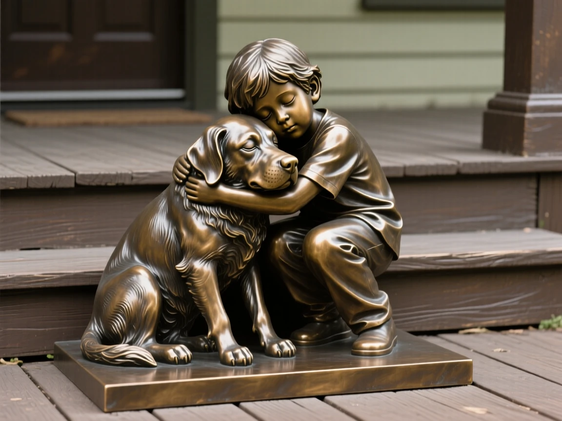A child hugging an old dog on a porch, with powerful, expressive body language, forming a strong central focal point
