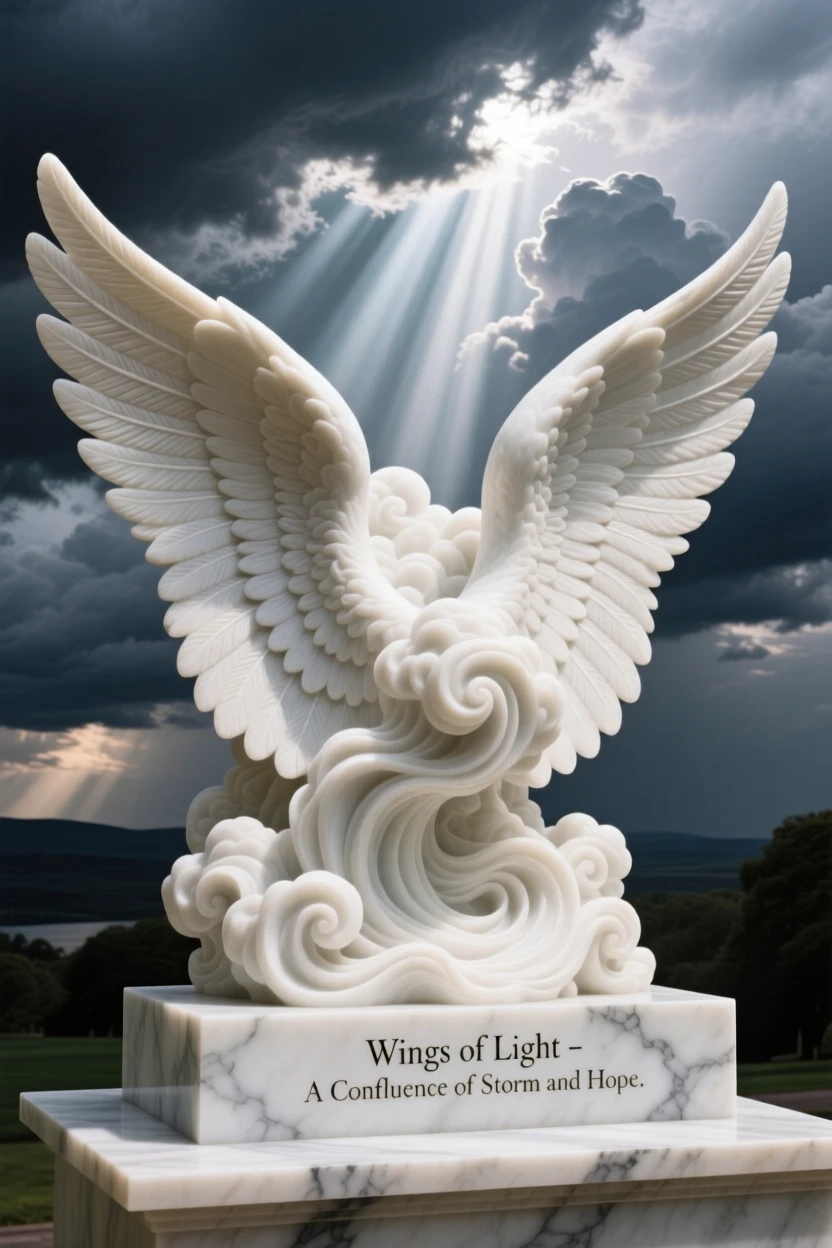 A striking, imaginative composition featuring light breaking through storm clouds in the shape of open wings, blending realism with dreamlike wonder